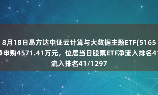8月18日易方达中证云计算与大数据主题ETF(516510)获净申购4571.41万元，位居当日股票ETF净流入排名41/1297